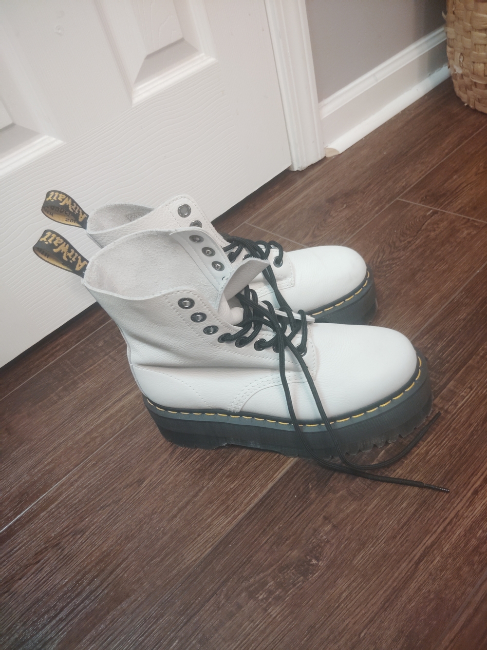 Dr. Martens White Platform Lace-Up Boots with Black Laces